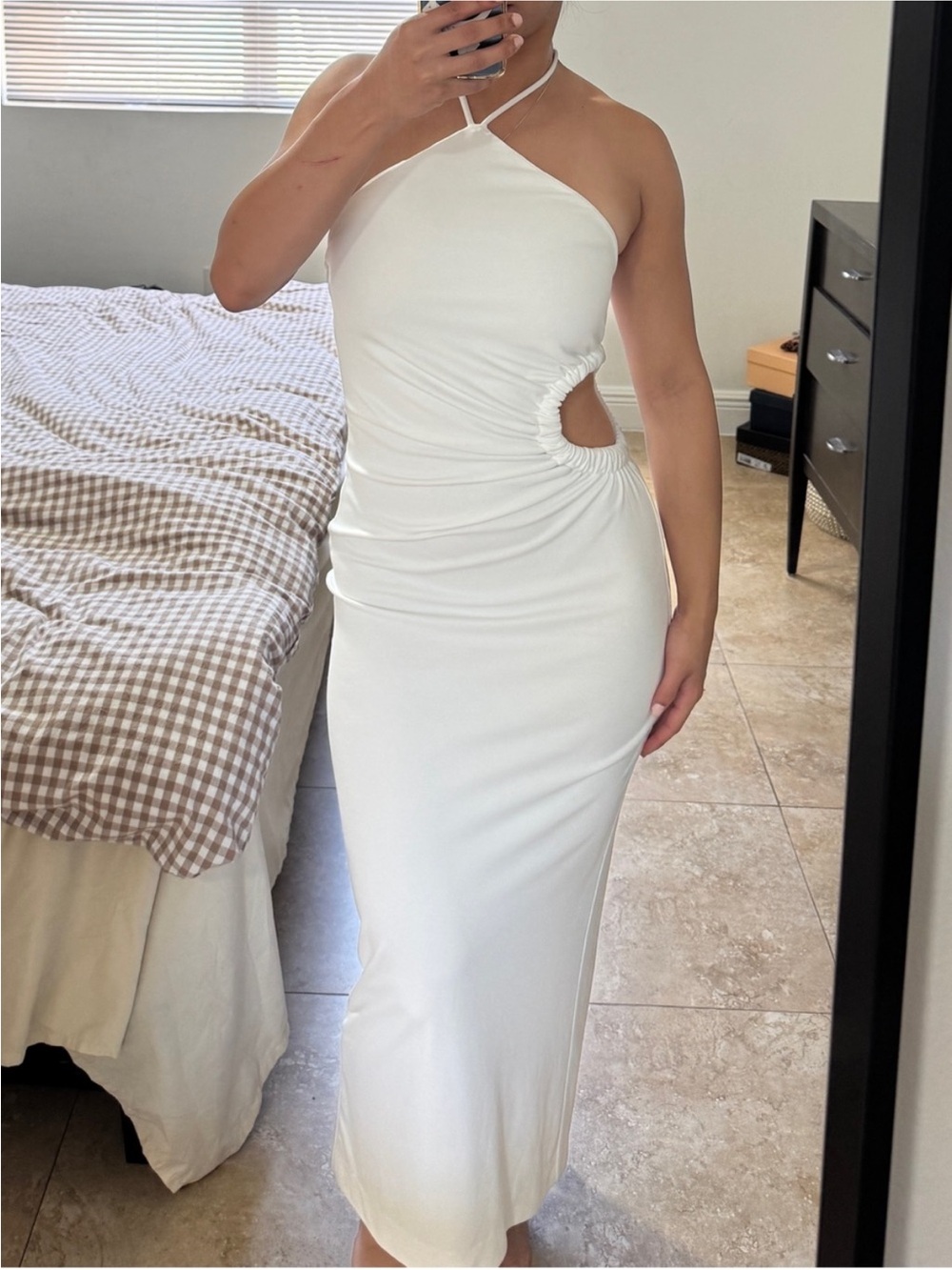 Zara White Ruched Side Cutout Halter Maxi Dress Size S